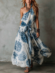 Bohemian Blue Off Shoulder Tie Waist Maxi Dress