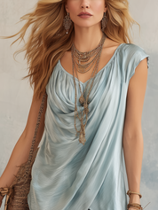 Sky Blue Draped Asymmetrical Boho Blouse