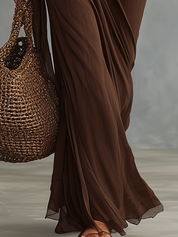 Elegant Cocoa Brown Ruched Halter Maxi Dress