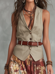 Relaxed Sand Beige Tailored Vest & Floral Maxi Skirt Set