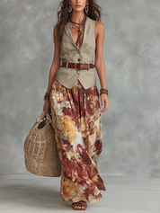 Relaxed Sand Beige Tailored Vest & Floral Maxi Skirt Set