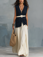 Minimal Midnight Navy Belted Sleeveless Top & Skirt Set