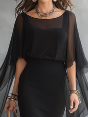 Elegant Black Chiffon Overlay Midi Dress
