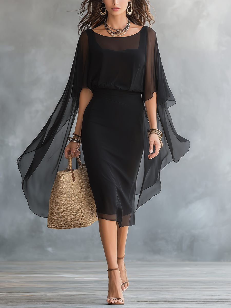 Elegant Black Chiffon Overlay Midi Dress