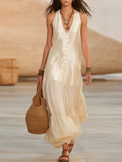 Boho Halter Neck Button-Front Tiered Flowy Maxi Dress