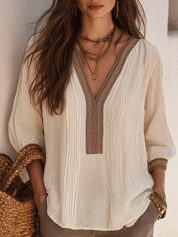 Elegant Bohemian Loose Silhouette Linen Feel Summer Blouse