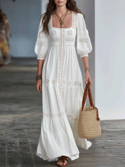 Ivory Embroidered Lightweight Feminine Silhouette Resort Maxi Dress