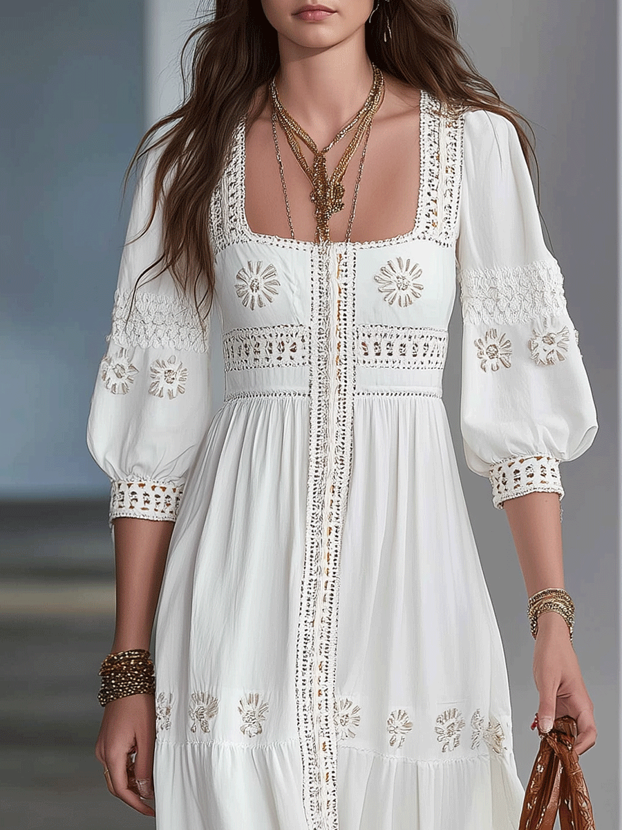 Ivory Embroidered Lightweight Feminine Silhouette Resort Maxi Dress