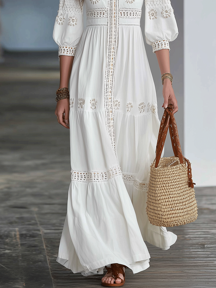 Ivory Embroidered Lightweight Feminine Silhouette Resort Maxi Dress
