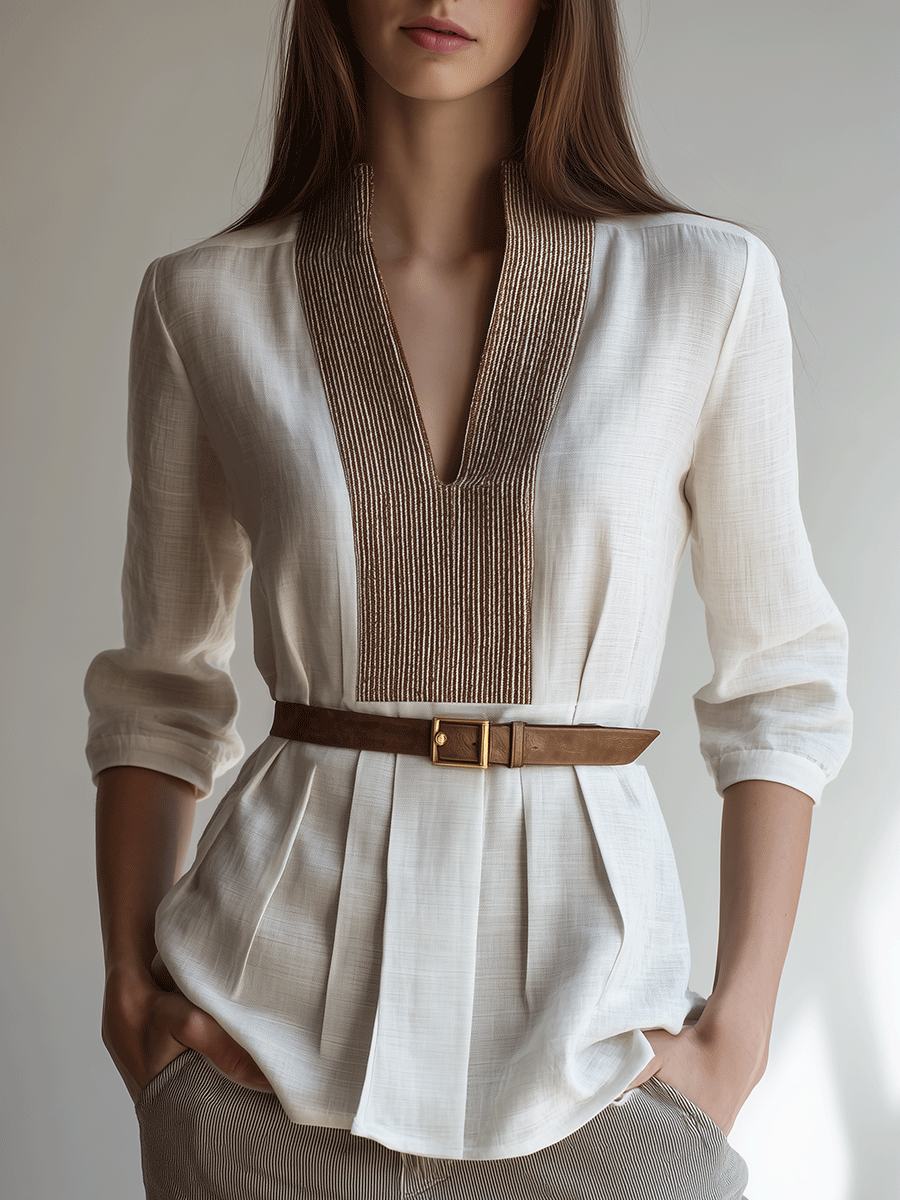 Embellished V-Neck Pleated Waist Relaxed Fit Linen Blouse