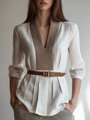 Embellished V-Neck Pleated Waist Relaxed Fit Linen Blouse