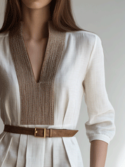 Embellished V-Neck Pleated Waist Relaxed Fit Linen Blouse