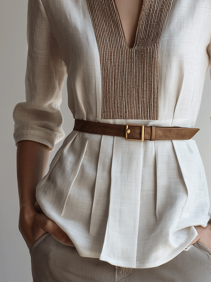 Embellished V-Neck Pleated Waist Relaxed Fit Linen Blouse