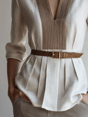 Embellished V-Neck Pleated Waist Relaxed Fit Linen Blouse