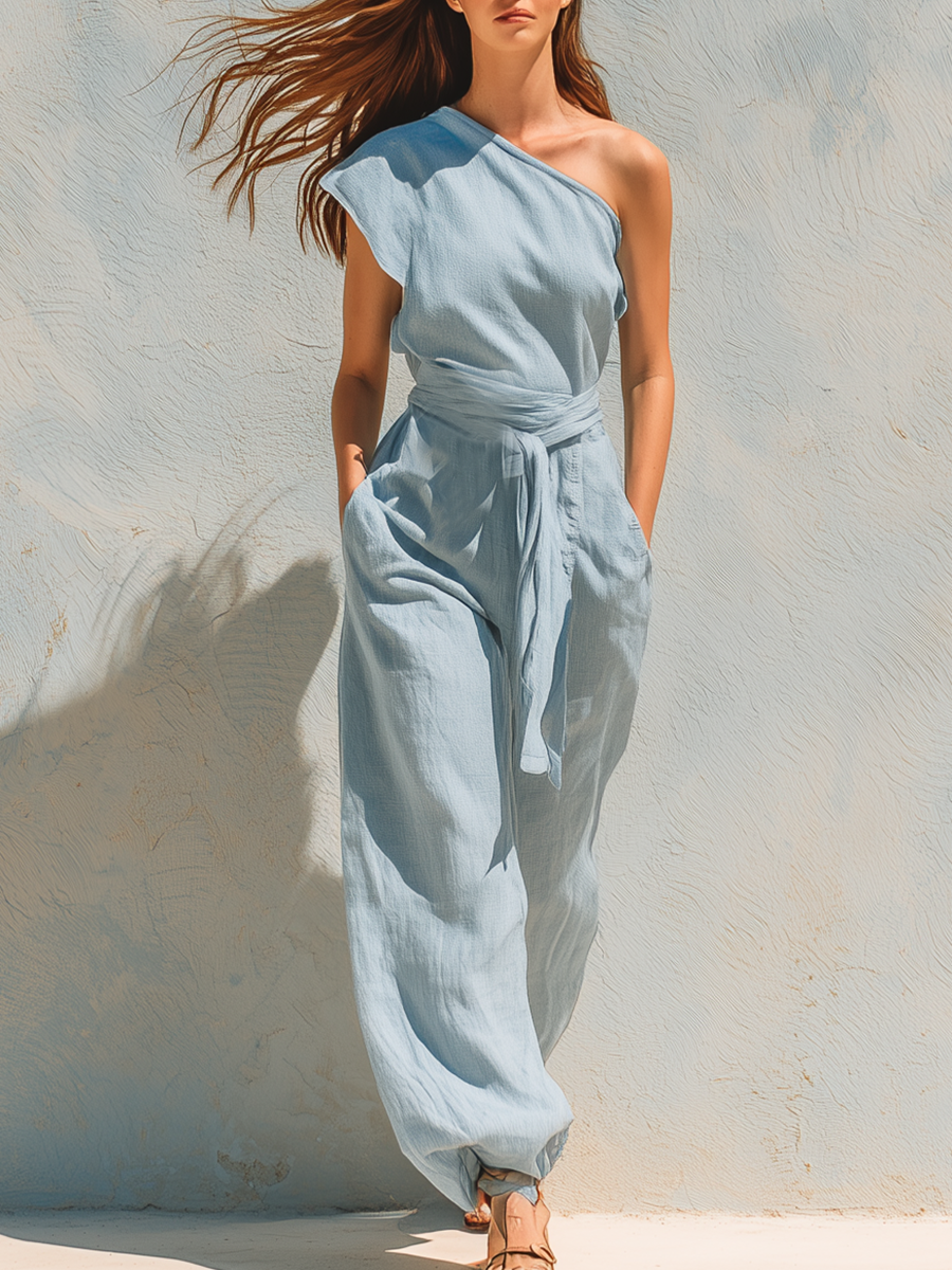 Bohemian Light Blue One Shoulder Linen Jumpsuit