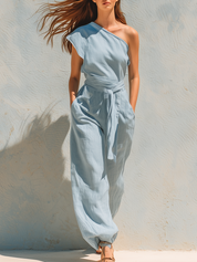 Bohemian Light Blue One Shoulder Linen Jumpsuit
