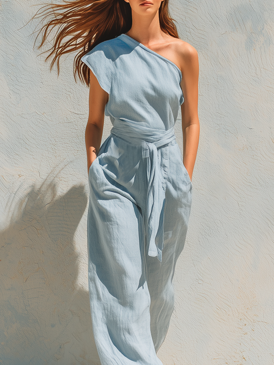 Bohemian Light Blue One Shoulder Linen Jumpsuit