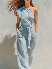 Bohemian Light Blue One Shoulder Linen Jumpsuit