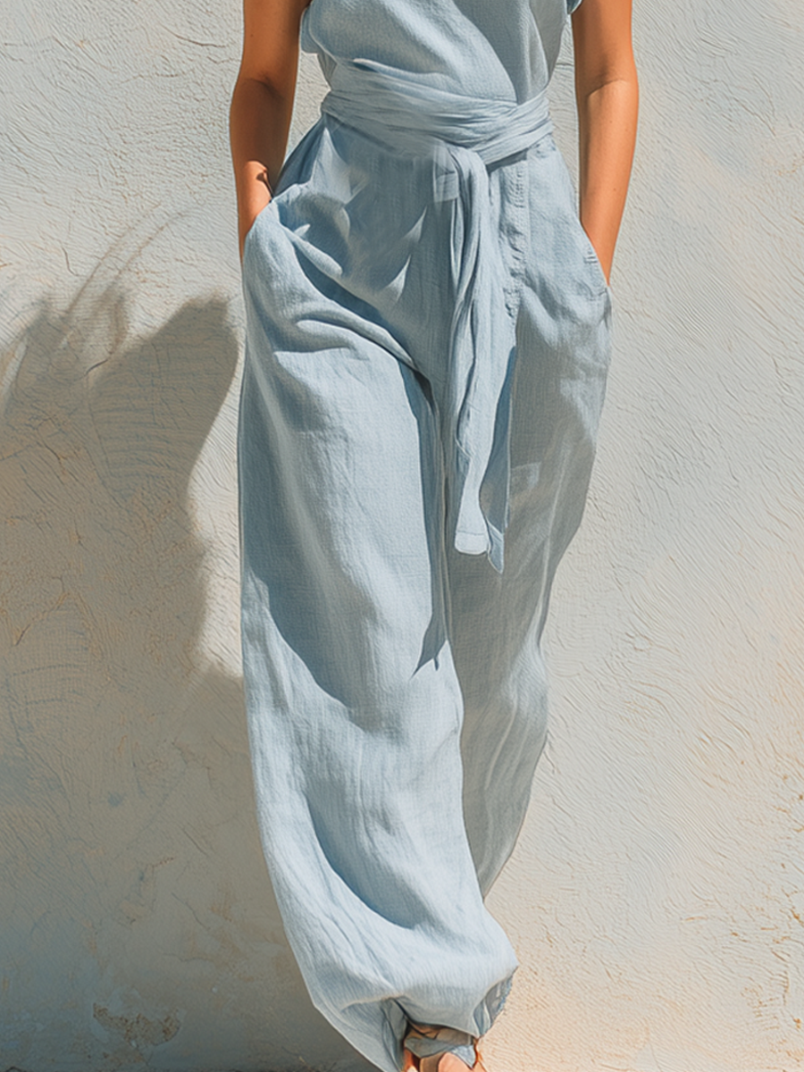 Bohemian Light Blue One Shoulder Linen Jumpsuit