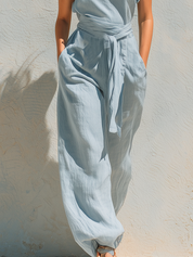 Bohemian Light Blue One Shoulder Linen Jumpsuit