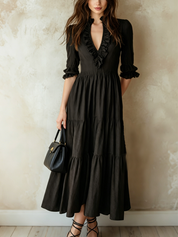 Bohemian Black Ruffled V-Neck Maxi Dress