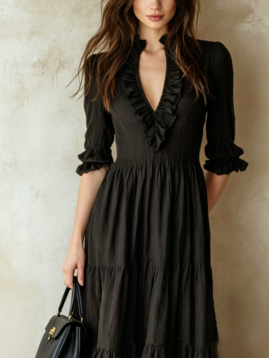 Bohemian Black Ruffled V-Neck Maxi Dress