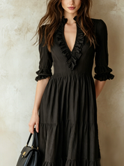 Bohemian Black Ruffled V-Neck Maxi Dress
