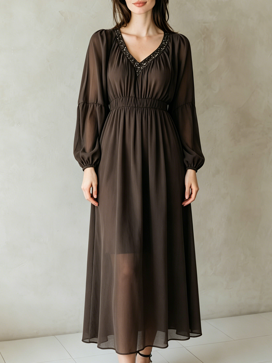 Bohemian Dark Brown Sequined V-Neck Chiffon Maxi Dress