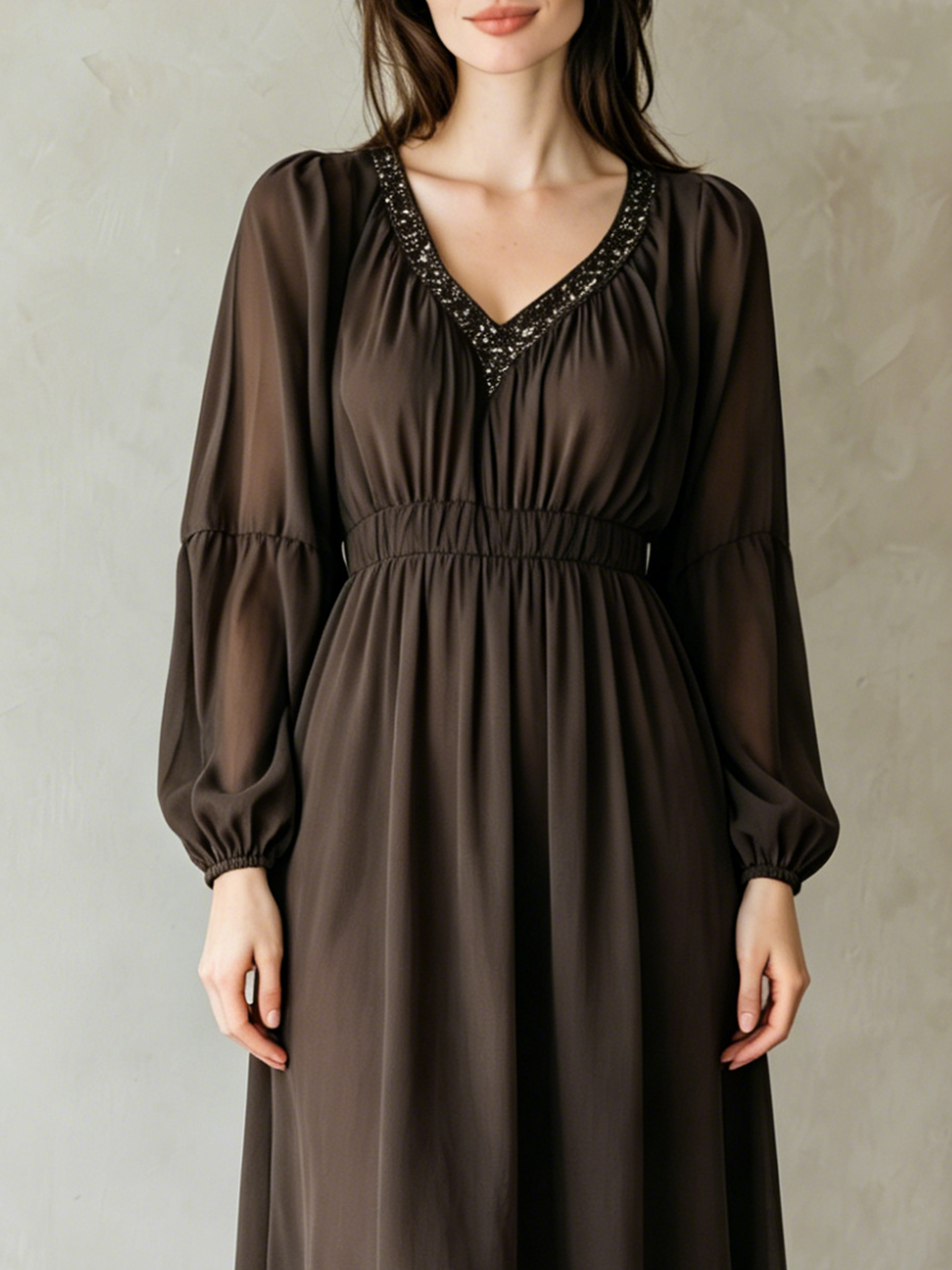 Bohemian Dark Brown Sequined V-Neck Chiffon Maxi Dress