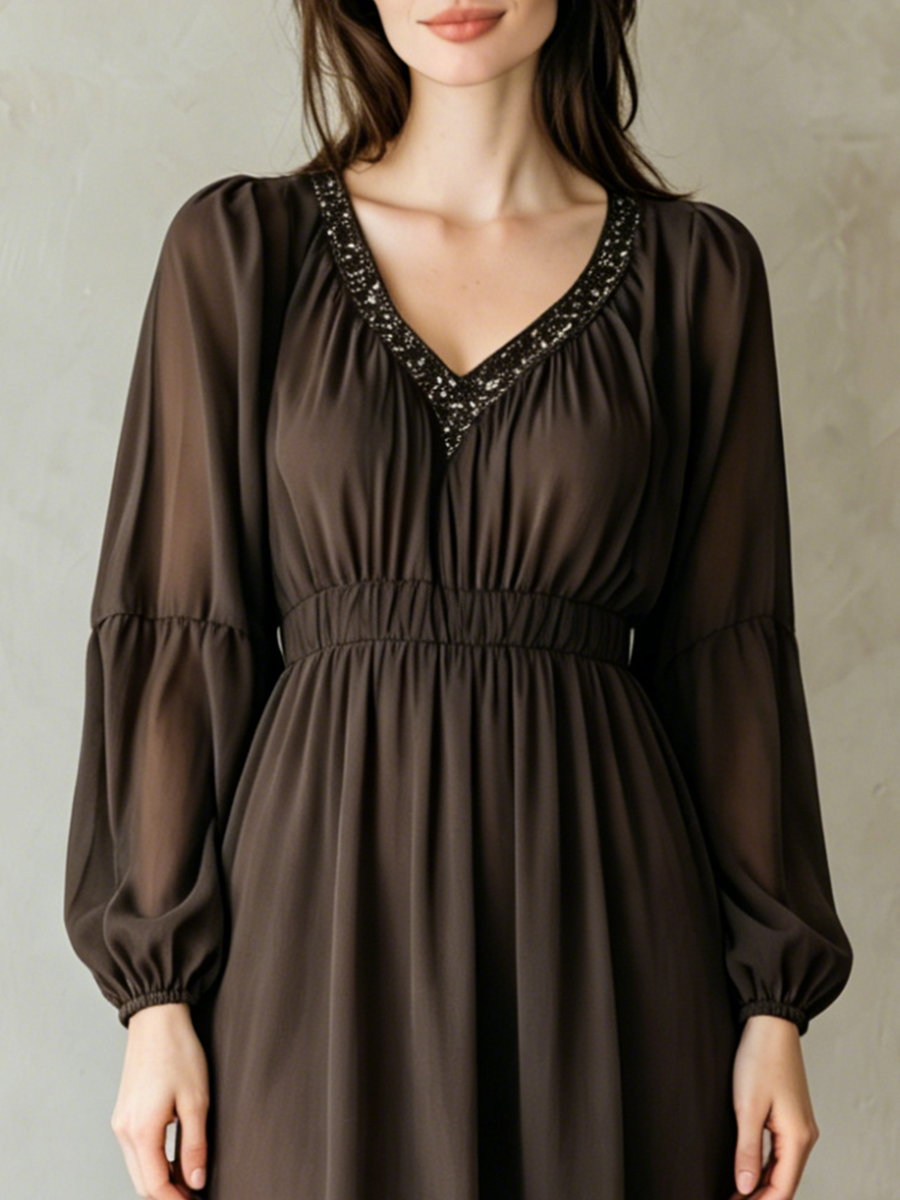 Bohemian Dark Brown Sequined V-Neck Chiffon Maxi Dress