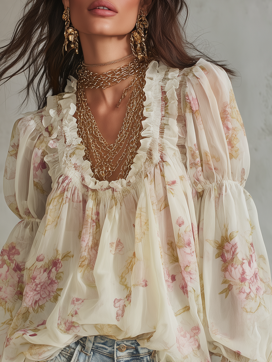 Lightweight Khaki Floral Ruffle Bohemian Style Shirt