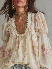 Lightweight Khaki Floral Ruffle Bohemian Style Shirt