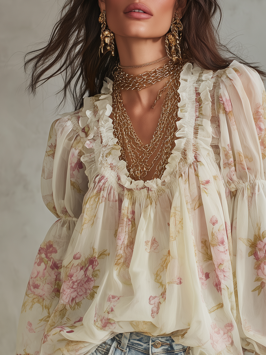 Lightweight Khaki Floral Ruffle Bohemian Style Shirt