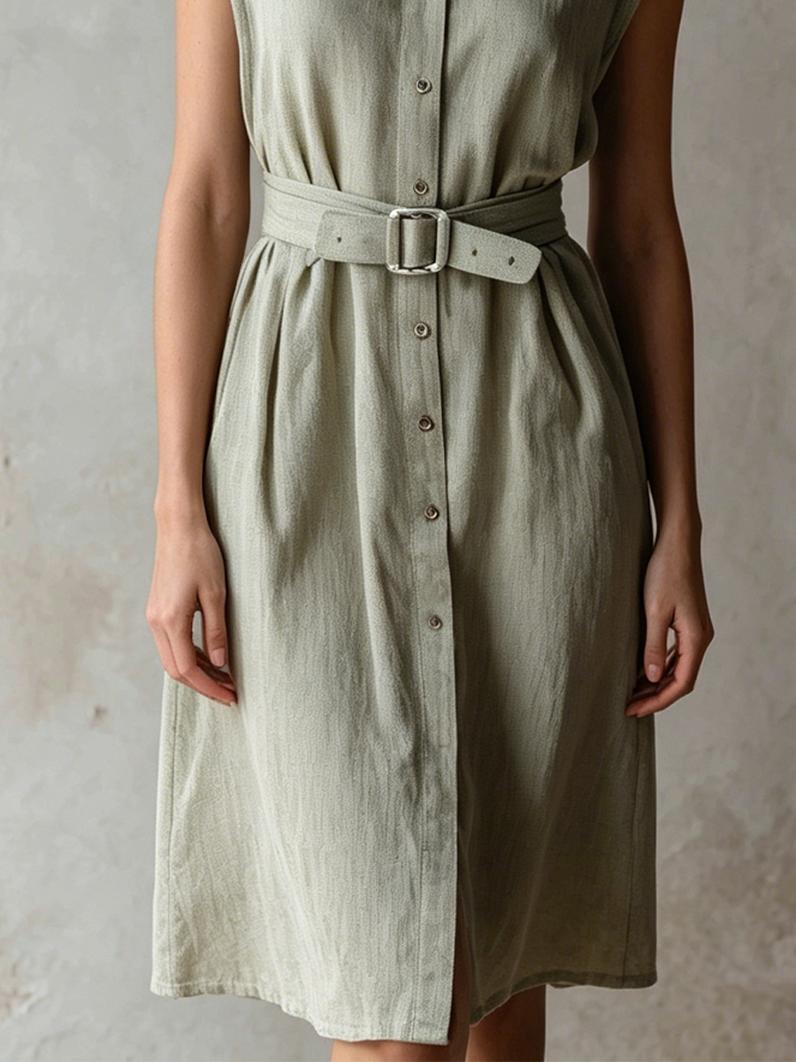 Casual Sage Colored Cotton Linen Tie Front Shirt Dress