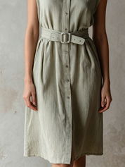 Casual Sage Colored Cotton Linen Tie Front Shirt Dress