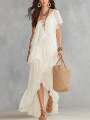 Elegant Ivory One-Shoulder Ruffle Midi Dress