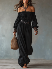 Refined Black Off-Shoulder Wide-Leg Jumpsuit