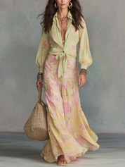 Romantic Sage Floral Tie-Front Skirt Set