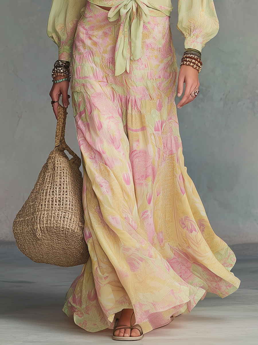 Romantic Sage Floral Tie-Front Skirt Set