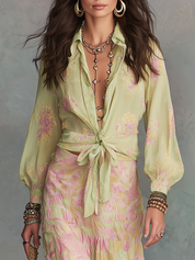 Romantic Sage Floral Tie-Front Skirt Set
