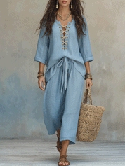 Boho Sky Blue Lightweight Linen Feel Casual Resort Outfit Set