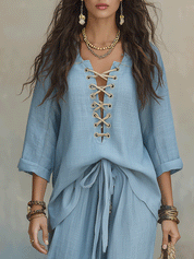 Boho Sky Blue Lightweight Linen Feel Casual Resort Outfit Set