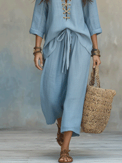 Boho Sky Blue Lightweight Linen Feel Casual Resort Outfit Set