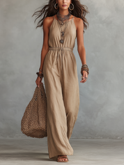 Refined Khaki Drawstring Wide-Leg Jumpsuit