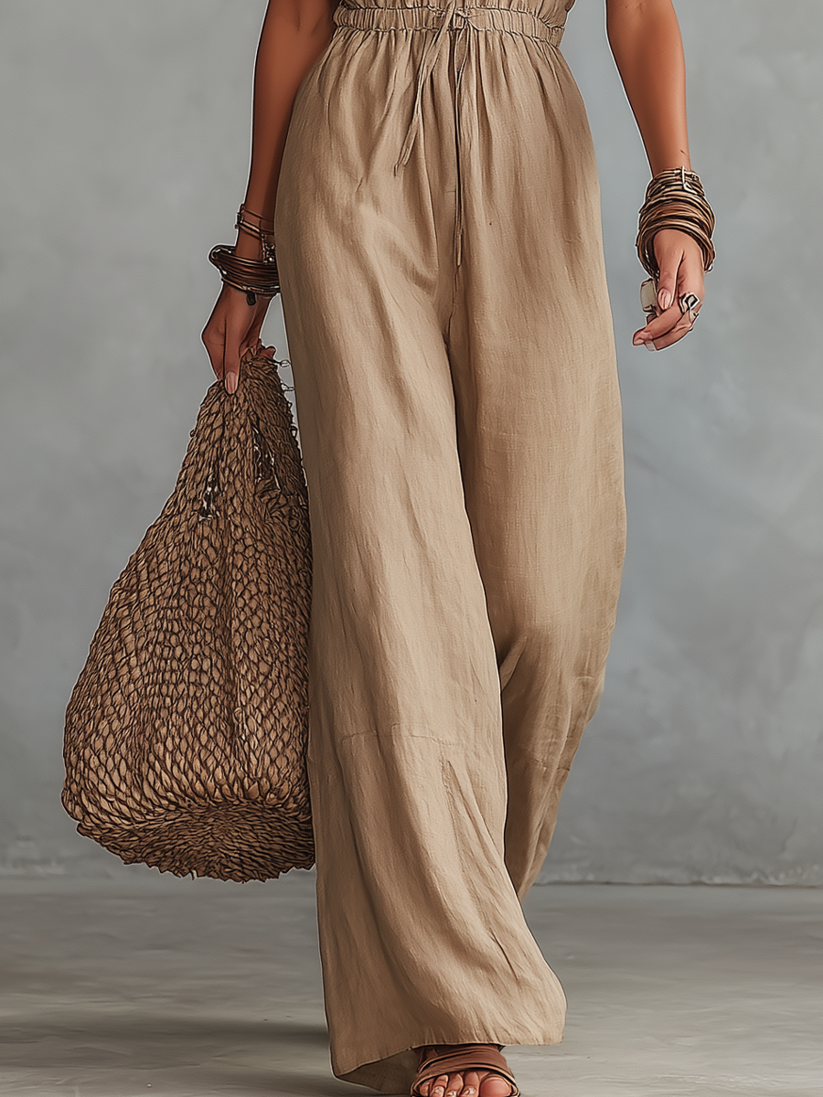 Refined Khaki Drawstring Wide-Leg Jumpsuit