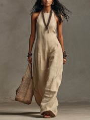 Minimalist Sand Linen Halter Jumpsuit