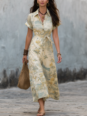 Chic Cream Tropical Print Shirt Midi Dress