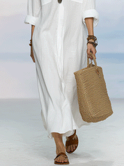 Bohemian White Lightweight Linen-texture Casual MaxiShirt Dress