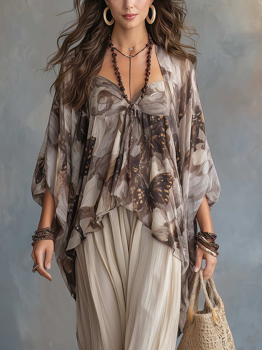 Elegant Taupe Butterfly Print Poncho Blouse