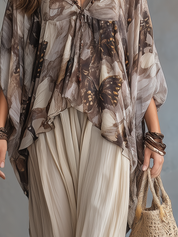 Elegant Taupe Butterfly Print Poncho Blouse
